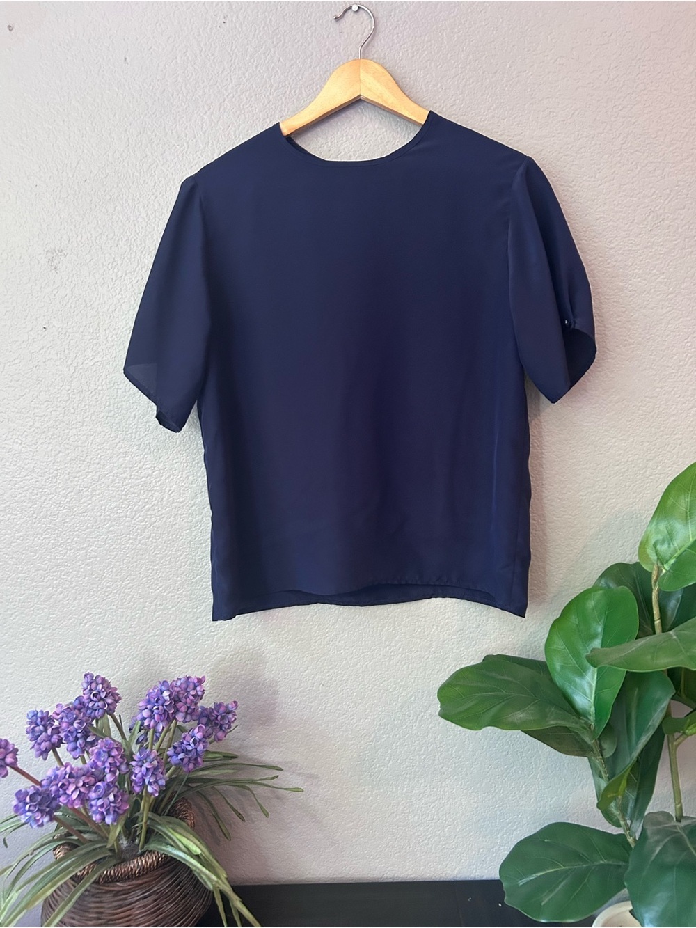 Women's Navy Short-Sleeve Blouse Size Small | Work Office Wear Coastal Grandma